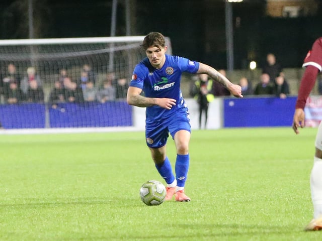 Action between Worthing and Hastings United in the Sussex Senior Cup semi-final at Lancing