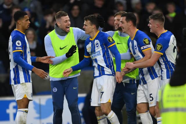 Solly March scored a brace as Brighton thrashed Liverpool 3-0 in the Premier League. (Photo by Mike Hewitt/Getty Images)