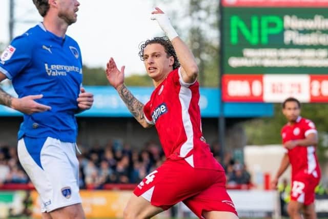 Gianmarco Di Biase celebrates his penalty against Chesterfield | Picture: Kyle Hemsley