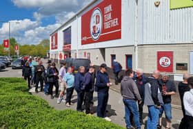Crawley Town fans queue to get their tickets for the play-off semi-final first leg against MK Dons | Picture: Mark Dunford