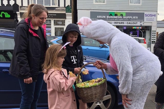 This is the fourth year that East Preston’s youngest residents have walked the half mile stretch searching for their favourite woolly chick or bunny to take home but this year there was an extra surprise, as the Easter Bunny turned up