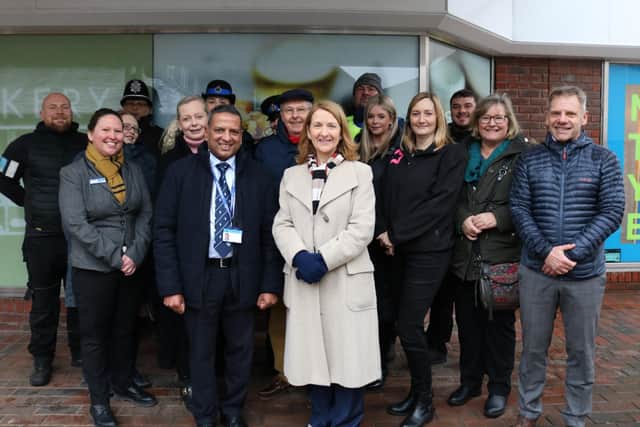 Sussex Police & Crime Commissioner Katy Bourne with business owners in Haywards Heath