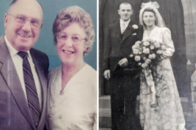 Ena Hicks with her husband of 74 years Jim and on their wedding day