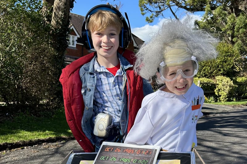 Blake Heppenstall, 11, dressed as Marty McFly and brother Ellis Heppenstall, eight, as Dr Emmett Brown