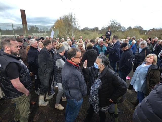 Public gathering by the gates of the Northeye site in Bexhill on Saturday April 1, 2023