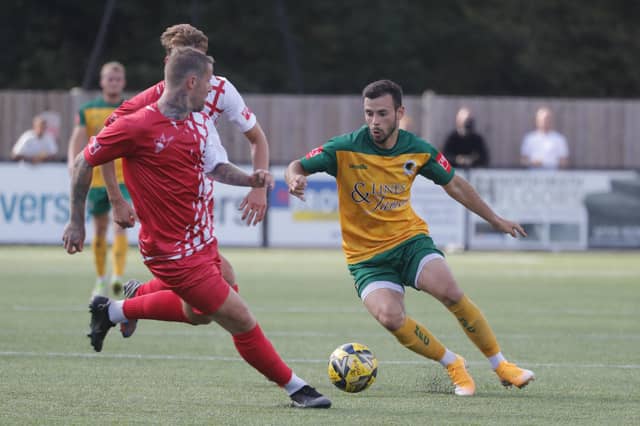 Action from Horsham's home defeat to Carshalton Athletic. Picture by John Lines