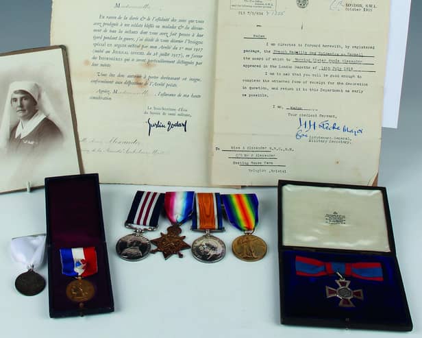 A rare group of seven First World War period British and French medals and decorations awarded to Nursing Sister Annie Alexander with associated photographs and paperwork.