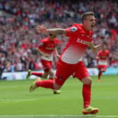 Dean Cox celebrates his goal at Wembley for Leyton Orient.  (Photo by Jamie McDonald/Getty Images)