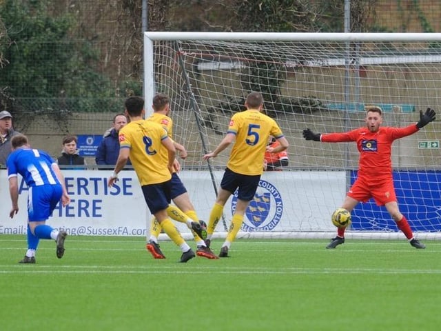 Action from Lancing FC's 1-0 home loss to East Grinstead Town in the Isthmian south east division