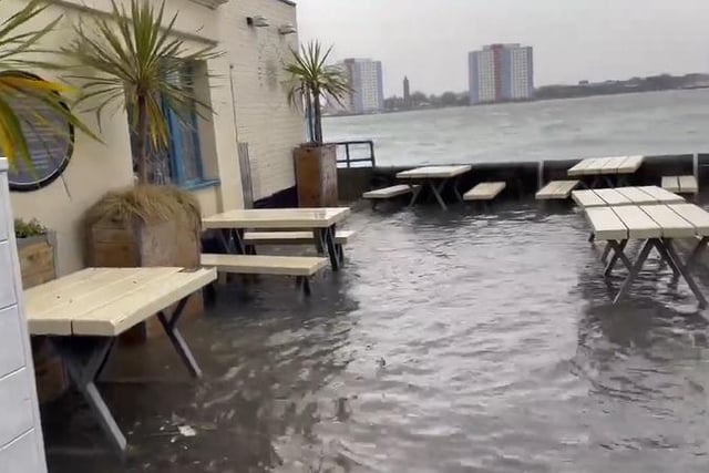 Screenshot of a video showing flooding in the beer garden of The Still and West in Old Portsmouth. Picture: Tony Groom
