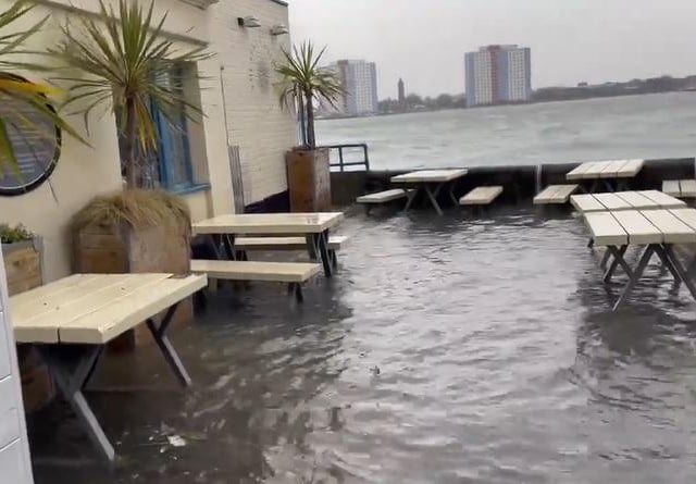 Screenshot of a video showing flooding in the beer garden of The Still and West in Old Portsmouth. Picture: Tony Groom
