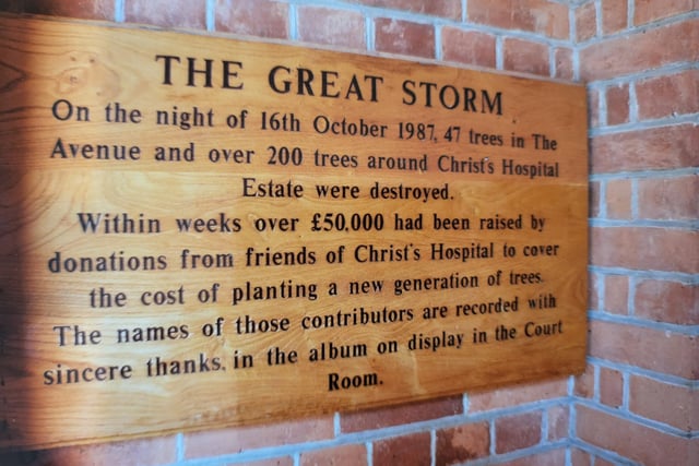 A plaque at Christ's Hospital - The Great Storm in Horsham