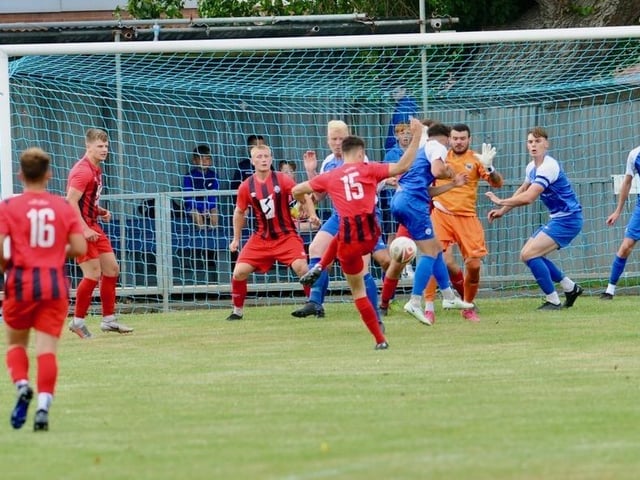 Action from a pre-season friendly between Shoreham and Worthing United at Middle Road