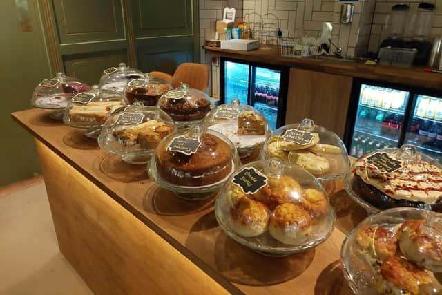 An array of delicious-looking cakes are available at the counter