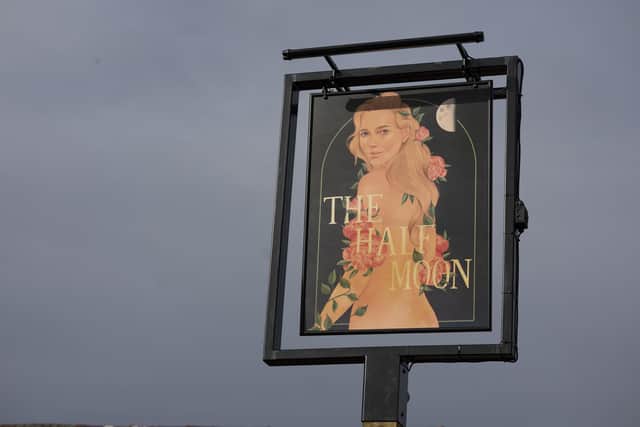 Model-turned-publican Jodie Kidd gave regulars at her Sussex country pub a surprise - by posing in the buff for a new pub sign.