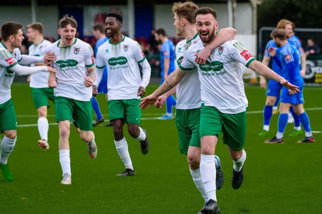 Bognor players celebrate Sam De St Croix's opener at Herne Bay. Picture by Tommy McMillan