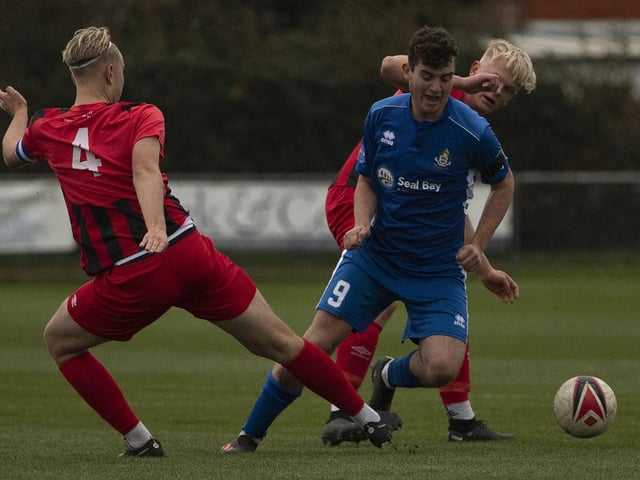 Selsey's Ruco Gamblin breaks through the Worthing defence, during the 1--1 draw at the SealBay Resort Stadium