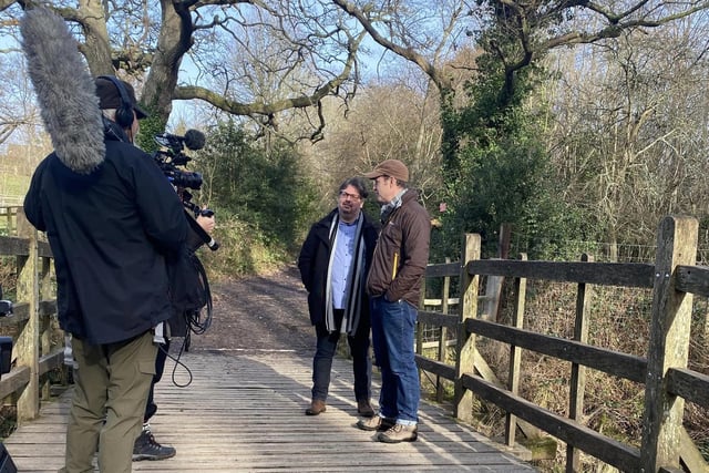 The BBC filming on Pooh Sticks Bridge