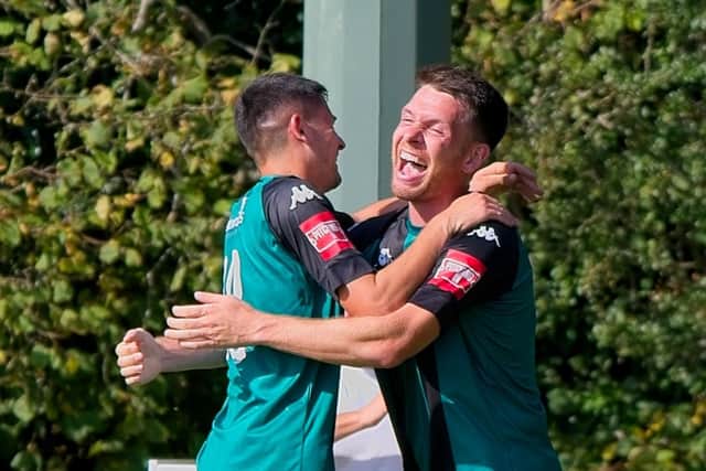 Celebrations follow Lewis Finney's latest goal - against Hythe in the FA Trophy - but the Hillians lost 3-1 | Picture: Chris Neal