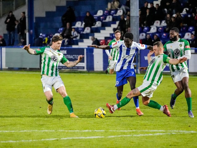 Action from Haywards Heath Town FC;s 1-1 draw with VCD in the Isthmian south east division
