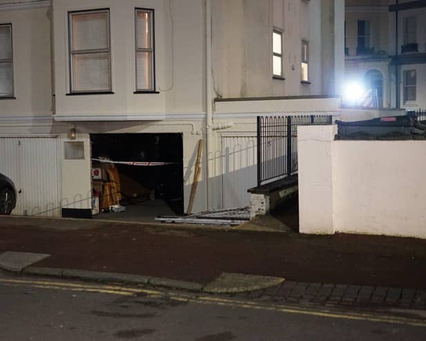 Emergency services were on the scene as car collides with building at Trinity Place in Eastbourne on Monday (March 11). Picture: Sussex News and Pictures