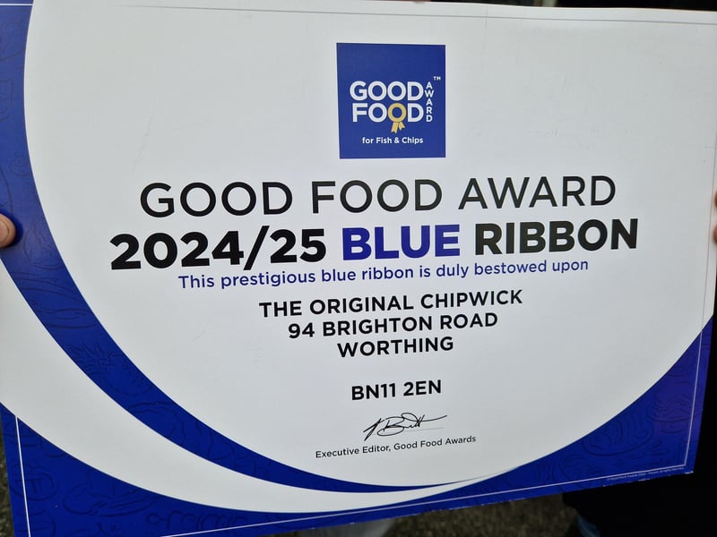 Worthing fish and chip restaurant Chipwick has won a Blue Ribbon accolade from the Good Food Network