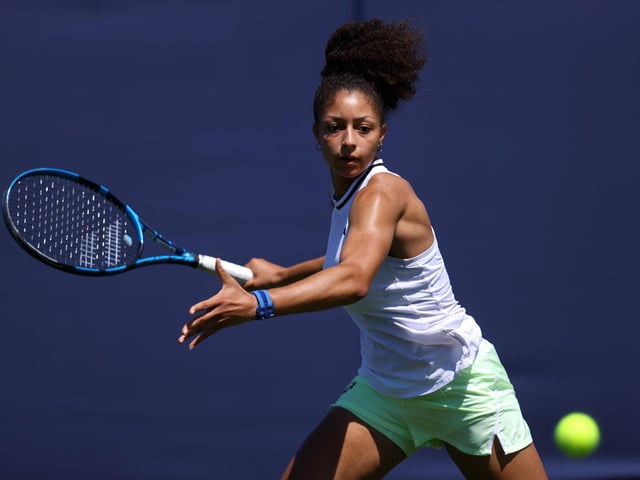 Ranah Stoiber of Great Britain in action during her womens singles qualifying match against Cristina Bucsa of Spain on day one of the Rothesay International Eastbourne at Devonshire Park (Photo by Charlie Crowhurst/ Getty Images for LTA) : Qualifiers at Eastbourne's Rothesay International