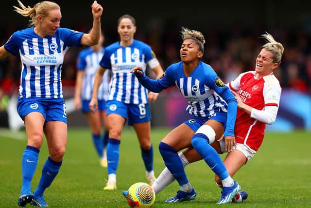 Jorelyn Carabali of Brighton & Hove Albion clashes with Alessia Russo of Arsenal during the Barclays Women´s Super League match between Brighton & Hove Albion and Arsenal FC at Broadfield Stadium (Photo by Bryn Lennon/Getty Images)