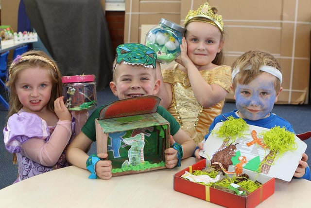 Fiona, Stanley, Louisa and Harley at Spire Infants with their World Book Day projects in March 2019