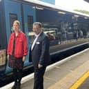 The MP at Hastings station with a special Bayeux Tapestry train