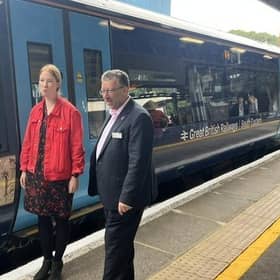 The MP at Hastings station with a special Bayeux Tapestry train