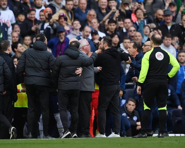 Both managers Roberto De Zerbi and Cristian Stellini were sent off at the Tottenham Hotspur Stadium. (Photo by Justin Setterfield/Getty Images)