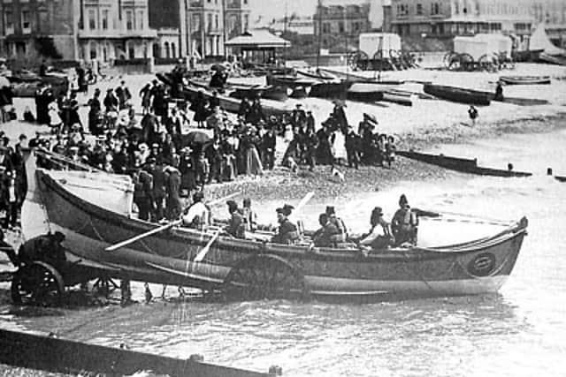 Worthing’s lifeboat, Henry Harris, was twice launched off the beach following the Indiana collision. The first time, they found the Indiana abandoned and the second time was to investigate one of its drifting lifeboats.
