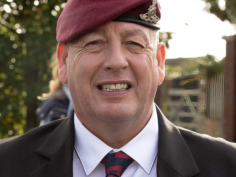 Steve Austin, of the 47th Regiment - Royal Artillery 21 Battery Air Defence, at the open air Selsey War memorial for the remembrance service.