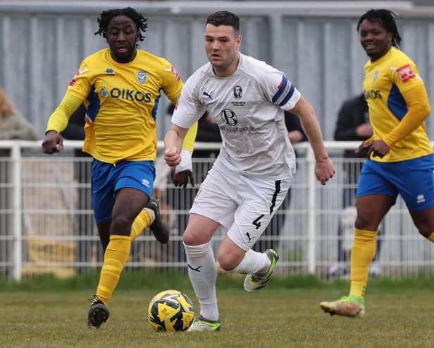 Jack Dixon on the ball for Hastings United at Canvey | Picture: Scott White