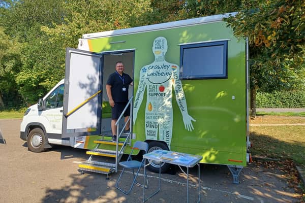 Wellbeing advisor Sam Lusted at the Crawley Wellbeing mobile unit. Picture contributed