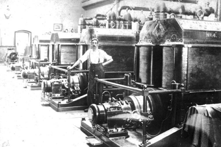 The pump room at Rustington Convalescent Home around 1920. The man is believed to be Tucker, the home's engineer.