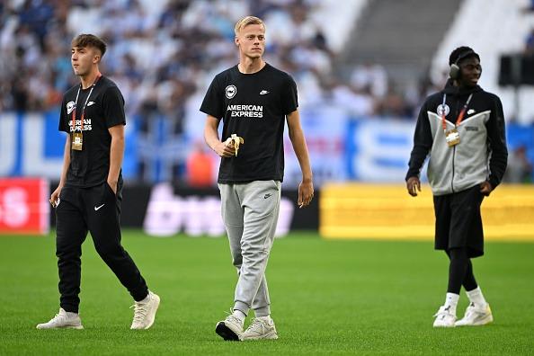 Jan Paul van Hecke of Brighton & Hove Albion (C) inspects the pitch prior to the UEFA Europa League match between Olympique de Marseille and Brighton & Hove Albion at Orange Velodrome