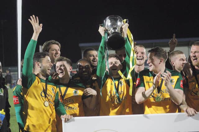 Horsham lift the Velocity Trophy for the first time ever after beating Margate 4-0 in April's final. Picture by John Lines