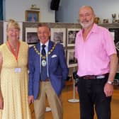 Liz Scott, exhibition organiser, with Cllr Paul Holbrook and Chairman Bruce Broughton-Tompkins. Photo: Hailsham Photographic Society