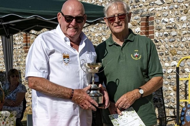 Laurance Pilfold receives the Hanson Cup from Colin Crane at East Preston and Kingston Horticultural Society flower show