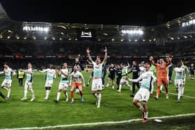 Brighton's players celebrate after winning the UEFA Europa League Group B football match v AEK Athens at the Agia Sophia Stadium (Photo by ANGELOS TZORTZINIS/AFP via Getty Images)