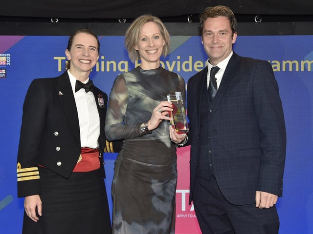 Pictured is: (left) Commander Sara Balls, head of Royal Navy Apprenticeships and headline sponsor for the awards with Peta Training & Consultancy Ltd, winners of the Training Provider/Programme of the Year award.