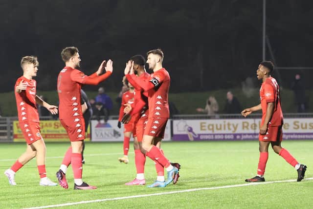 A goal at the right end this time - Worthing celebrate in the 6-2 Sussex Cup win over Crowborough | Picture: Mike Gunn
