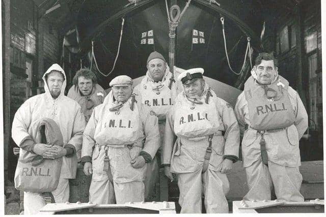 RNLI crew consisting of Beryl Tollemache: John Buckland, Graham Cole, Ron Wheeler, Jim Hall, Derek Hugget and George Cole