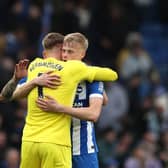 Bart Verbruggen and Jan Paul van Hecke both appear in an unchanged Brighton side at Tottenham Hotspur, after the Dutch pair were linked with moves away from the club.  (Photo by Steve Bardens/Getty Images)