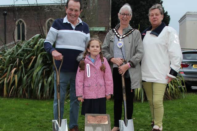 Cllr Dr James Walsh KStJ, Emily Chittenden, Mayor Jill Long and Celia Thompson-Hitchcock with the time capsule