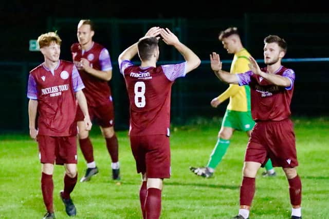 Little Common celebrate one of the five goals they put past Hailsham | Picture: Joe Knight