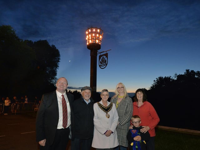 Crawley Mayor Jilly Hart lights the Beacon to celebrate the Queens Platinum Jubilee (Photo by Jon Rigby)