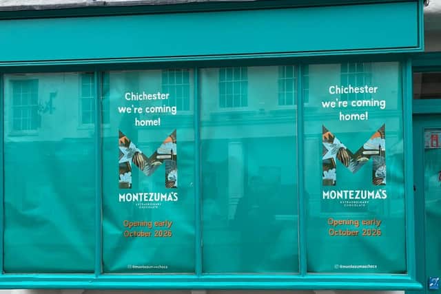 Montezuma’s is getting closer to returning to Chichester city centre, with signage announcing its homecoming now in place at its new South Street shop. Photo: Sussex World